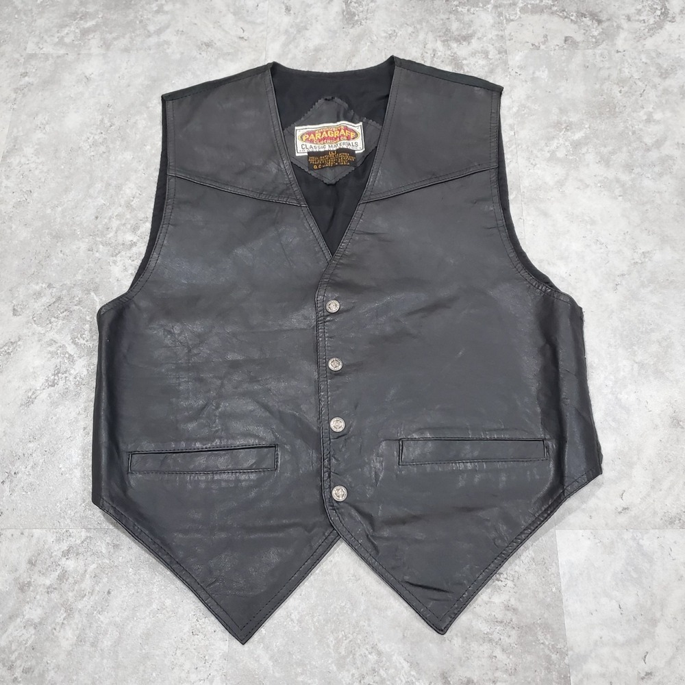 Paragraff Leather Vest Western Biker‎ Mens Sz LG Oklahoma Snaps Fabric Back Belt